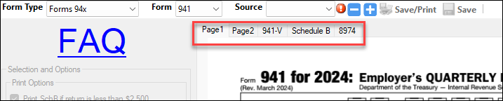 Tabs to change pages in federal and state forms